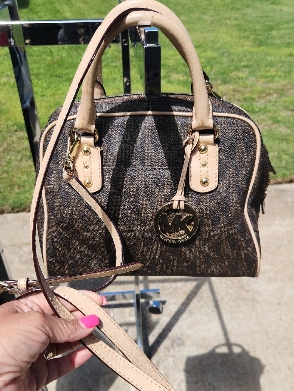 Michael Kors Brown Logo Mini Satchel with Light Beige Trim